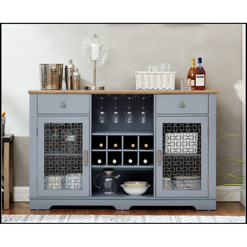 Modern Farmhouse Buffet Cabinet with Wine Rack & Glass Doors – 2 Drawers, Coffee Bar, Adjustable Shelves, Cable Management
