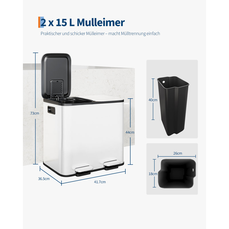 Poubelle de cuisine à deux compartiments 15 po GarveeHome - Poubelle à pédale en acier inoxydable - Seaux en PP amovibles - Couvercle à fermeture en douceur - Bordure doublée et base antidérapante - Séparation et recyclage efficaces des déchets - Blanc