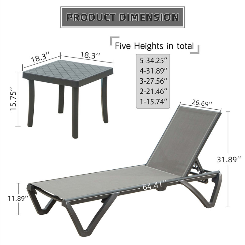 Outdoor Metal Chaise Lounge Set with Table , Cushion Included, Gray