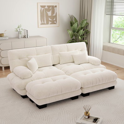 Ensemble de canapé Cloud 2 places en chenille avec 2 repose-pieds, canapé de salon à assise profonde et coussins, crème ivoire