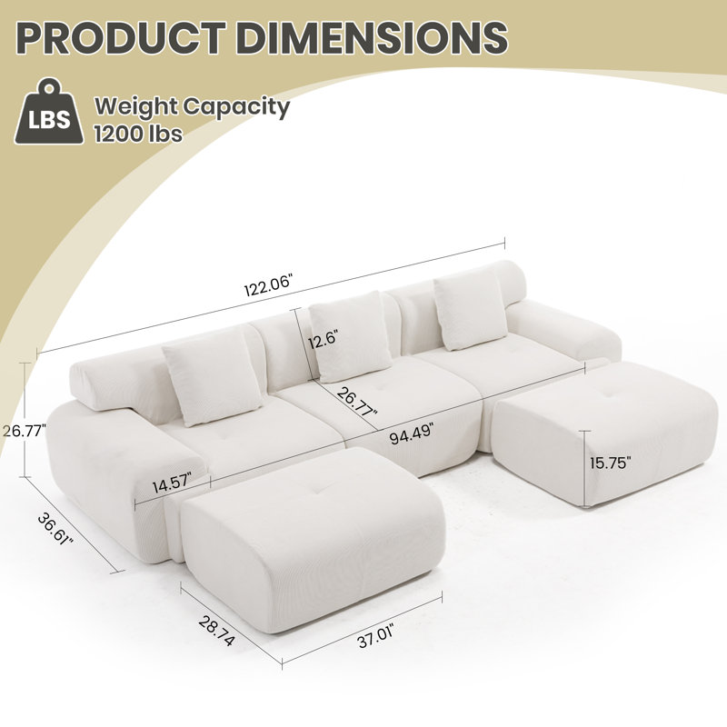 Boneless Corduroy Modern Compressed Block Sectional Couch, Beige Corduroy