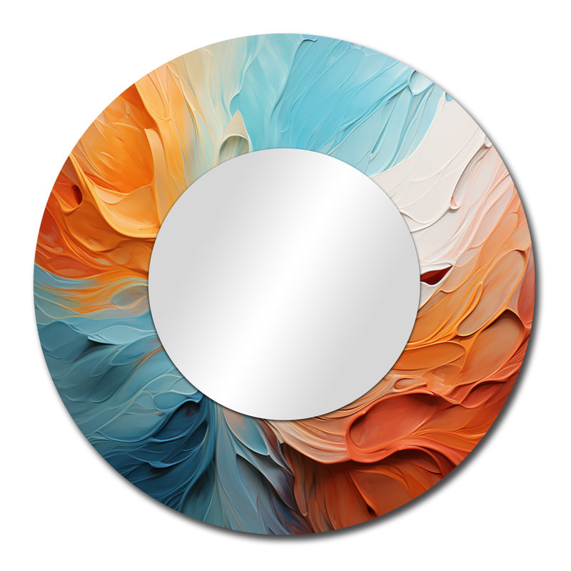 Teal Orange Bold Abstract Flow Collage I - Dams Decorative Wall Mirror, Modern Round Mirror, Printed Metal Art, 29" x 29"