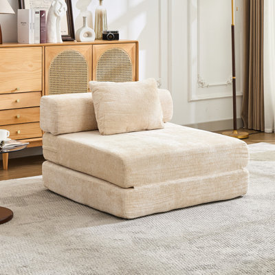 Compression Convertible Floor , Single Seater, Beige Chenille, Boneless, No Assembly, Modular, Fixed - Shape Frame For Living Room Seater Bed With Modular Sectional, Frame, Chenille Game