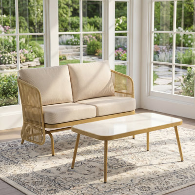 2-Person All-Weather PE Rattan Glider Loveseat with Coffee Table & Beige Cushions – Outdoor Patio Sofa Set for Cozy Moments