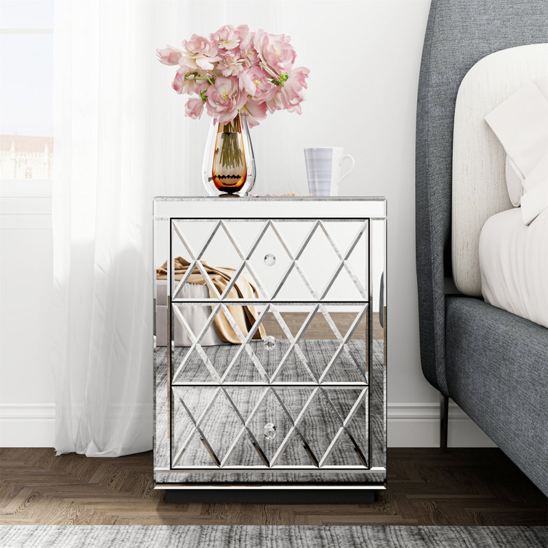 Table de chevet à miroir avec 3 tiroirs, table de chevet avec grille