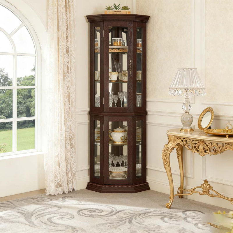 Armoire de coin en verre avec éclairage, Cerisier