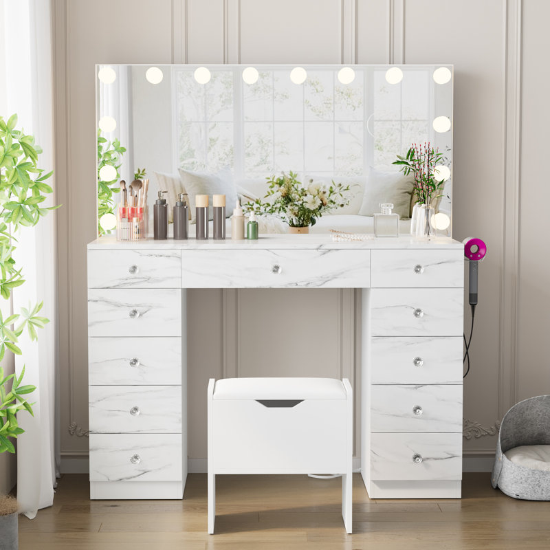Greyden Vanity With 11 Drawers & Storage Stool, White Marble