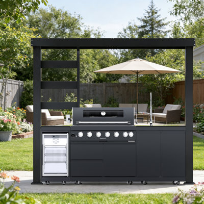108-Inch 6-Burner 85000 BTU Deluxe Stainless Steel Gas Outdoor Kitchen Bar Barbecue Island Grill + Wine Cooler Compact Refrigerator + Rotisserie + Granite Countertops + Storage Cabinets & Drawers