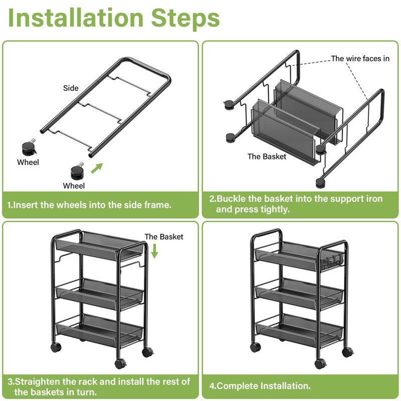 Black Metal 3-Tier Rolling Utility Storage Cart