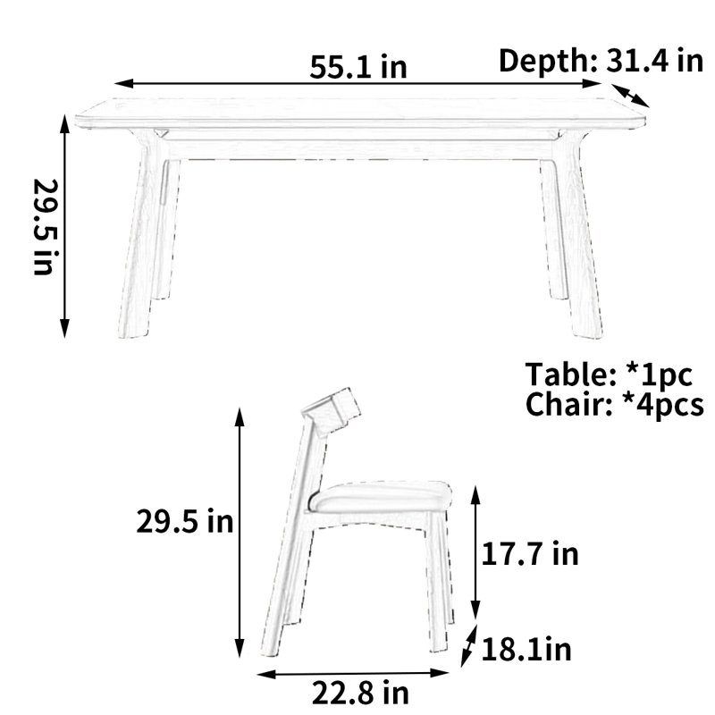 Table et chaise de salle à manger simple et de style nouveau, H 29,5 po x L 55,1 po x l 31,4 po