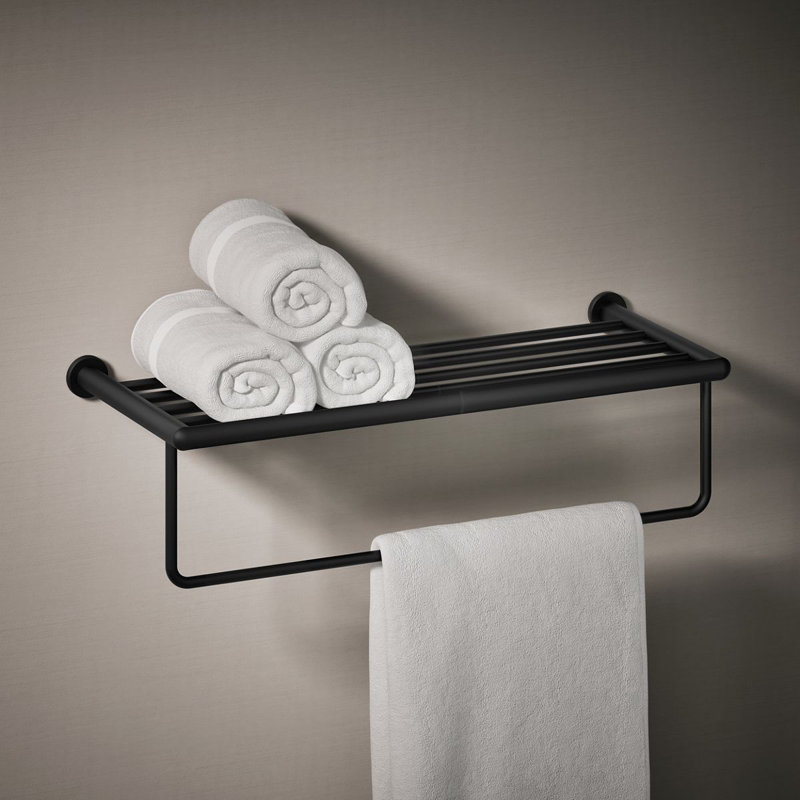 Kumin Hotelier Accent Shelf with Towel Bar, Matte Black