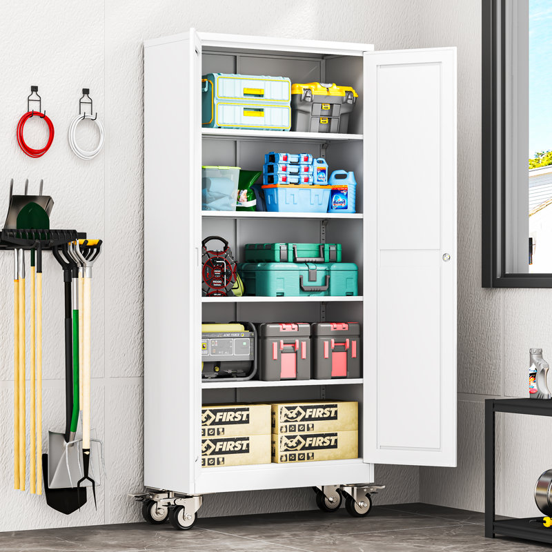 Durable Steel Garage Storage Cabinet with Wheels, Tool Cabinet Rolling with Adjustable Shelves, White 