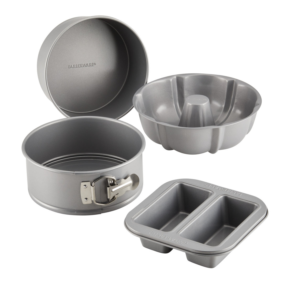 Farberware Specialty Bakeware Nonstick Pressure Cookware Bakeware Set, Includes Mini Loaf Pans, Cake Pan, Springform Pan, 4 Piece, Gray Farberware