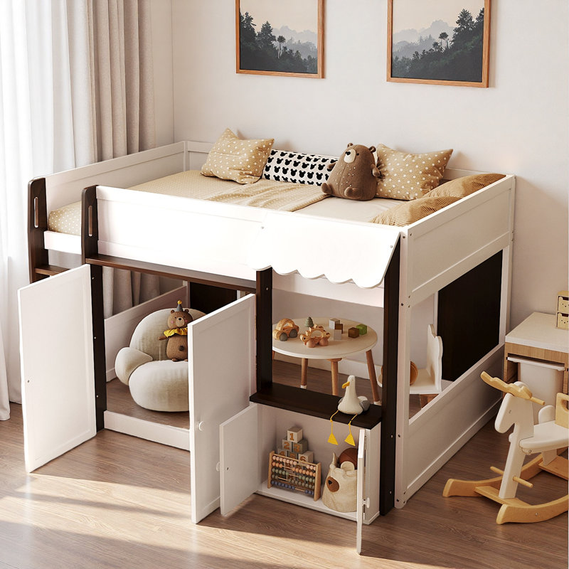 Lit mezzanine moderne avec maisonnette et rangement, Espresso/blanc
