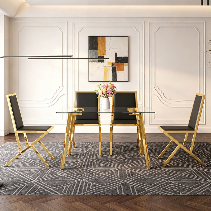 Ensemble de table à manger en verre trempé de luxe moderne et 4 chaises en polyuréthane, élégant et fonctionnel, Noir