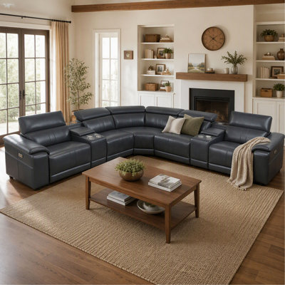 Power Recliner Sectional Sofa with Bluetooth Speakers, L-Shaped Living Room Furniture Set with Wireless Charging, LED Lights, Storage Console and Cup Holders
