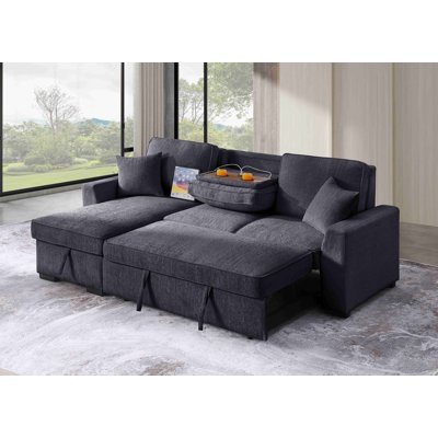 82" L-shape Reversible Linen Sleeper Sectional Sofa, With Pull Out Bed, Storage Chaise And Arms, Corner Couch For Apartment, Dorm, Living Room by Ebern Designs