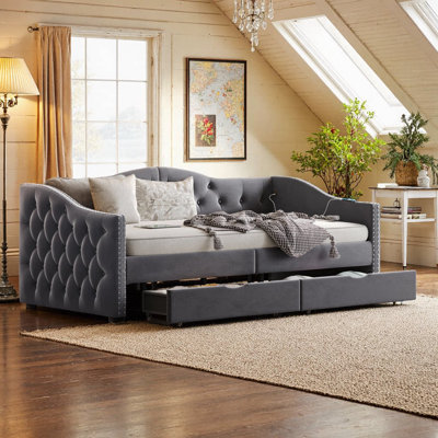 Full Size Upholstered Daybed with Storage Drawers & USB Ports, Wingback Headboard, Button-Tufted