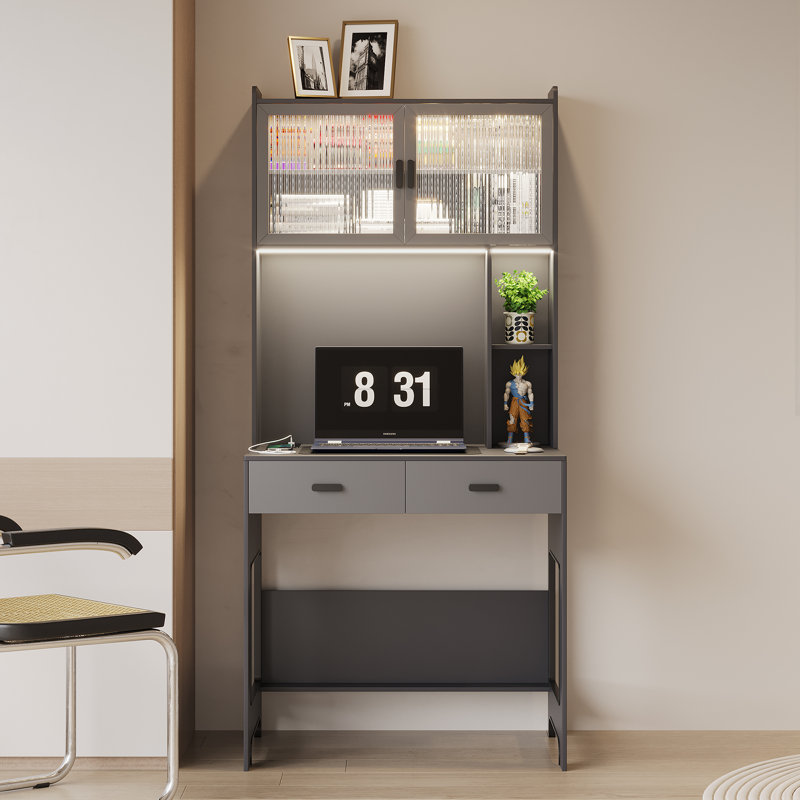 Berwaldt 31.5'' W Rectangle Computer Desk with Hutch and Cabinet, Dark Gray/Light Gray