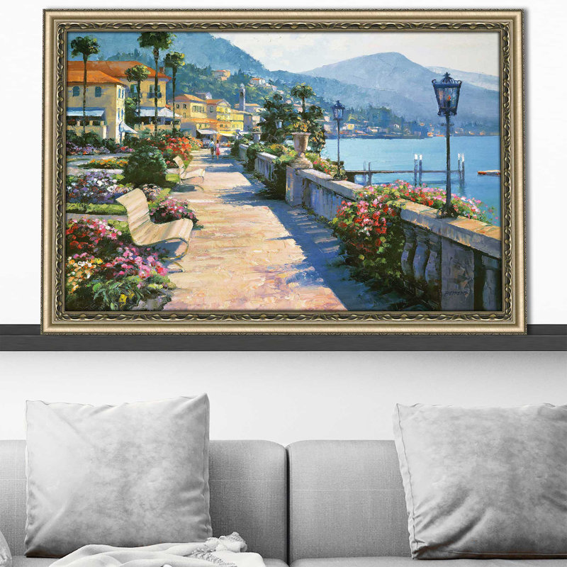 Bellagio Promenade par - Peinture, Impression encadrée, H 33,5 po x l 49,5 po, Champagne
