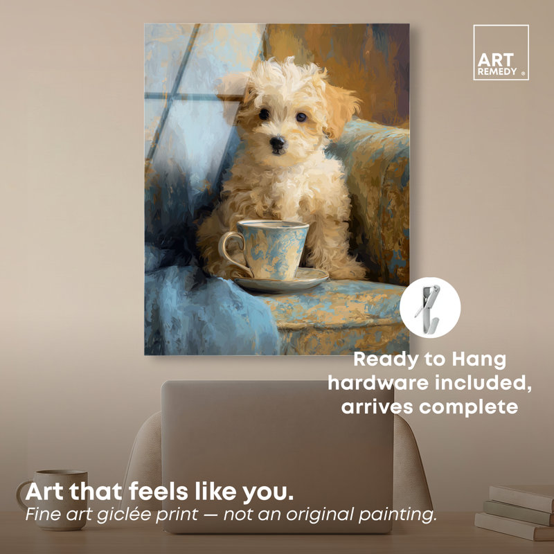 Décoration murale pour salle de bain Coffee Pup II par Art Remedy, prête à être suspendue, 20 x 24, 20"H x 24"W