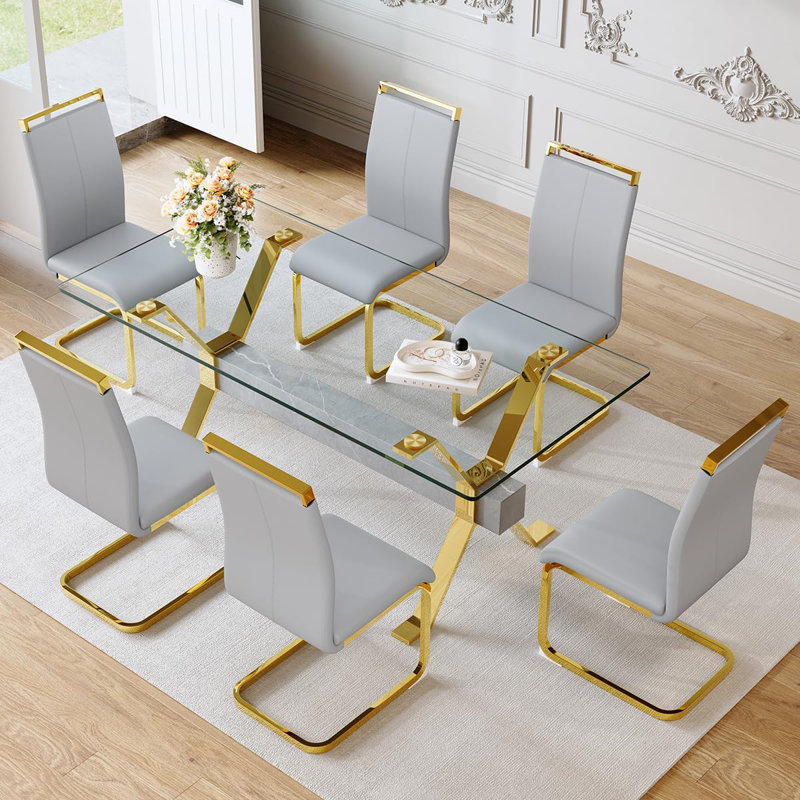 Table de salle à manger 71 "en verre pour 6 personnes, table de salle à manger moderne pour 6 personnes avec chaises en similicuir