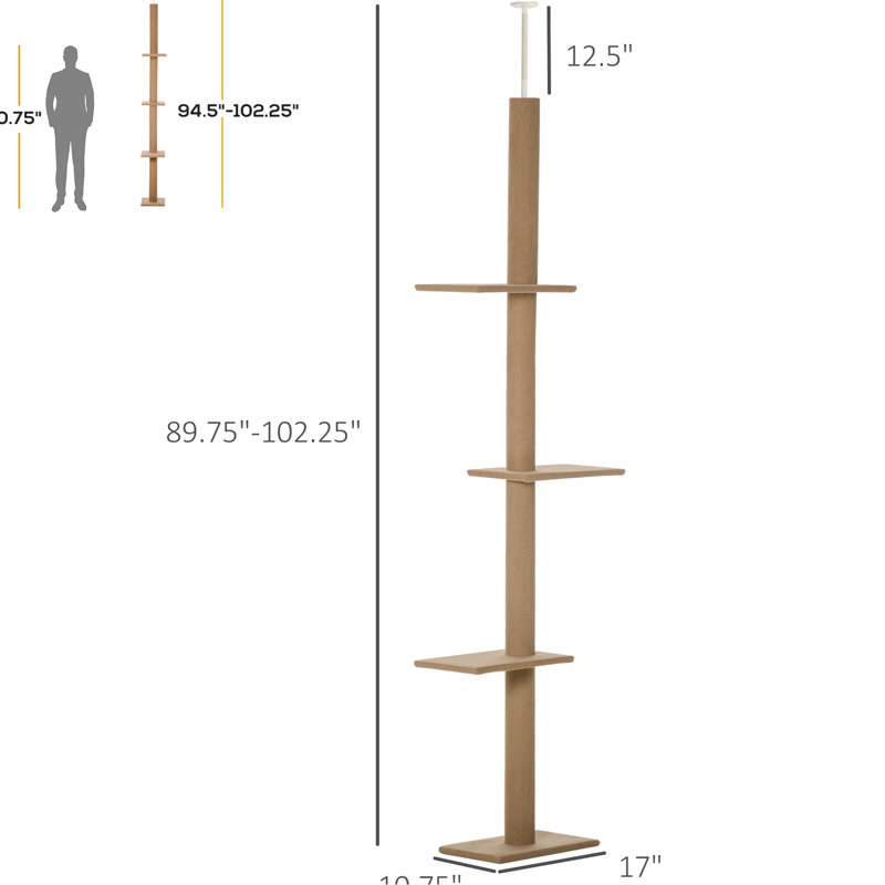 Arbre à chat, 8,5 pi de hauteur avec quatre plateformes de saut, brun pour tour de chatons énergique, fabrication de plancher-plafond, chats curieux