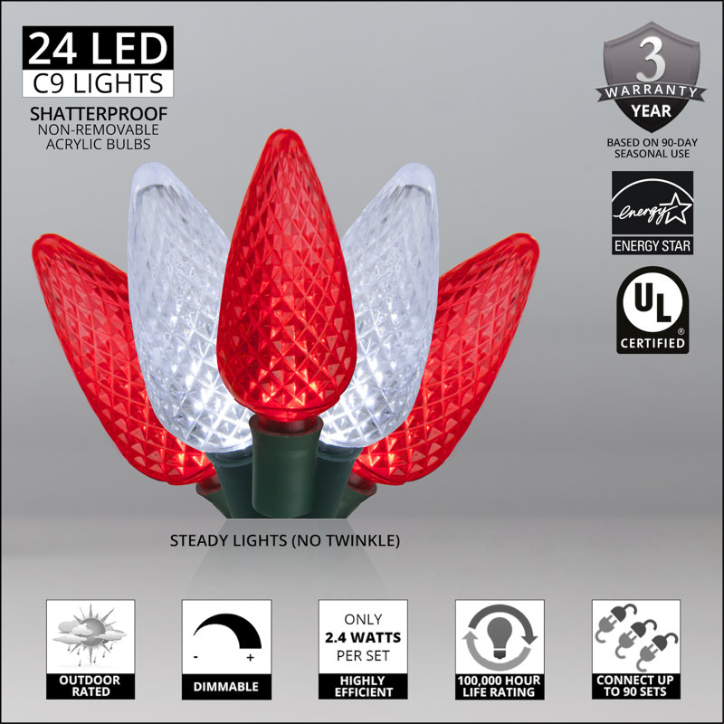 C9 LED Christmas String Light, 24, 16.3' L, Red/Cool White
