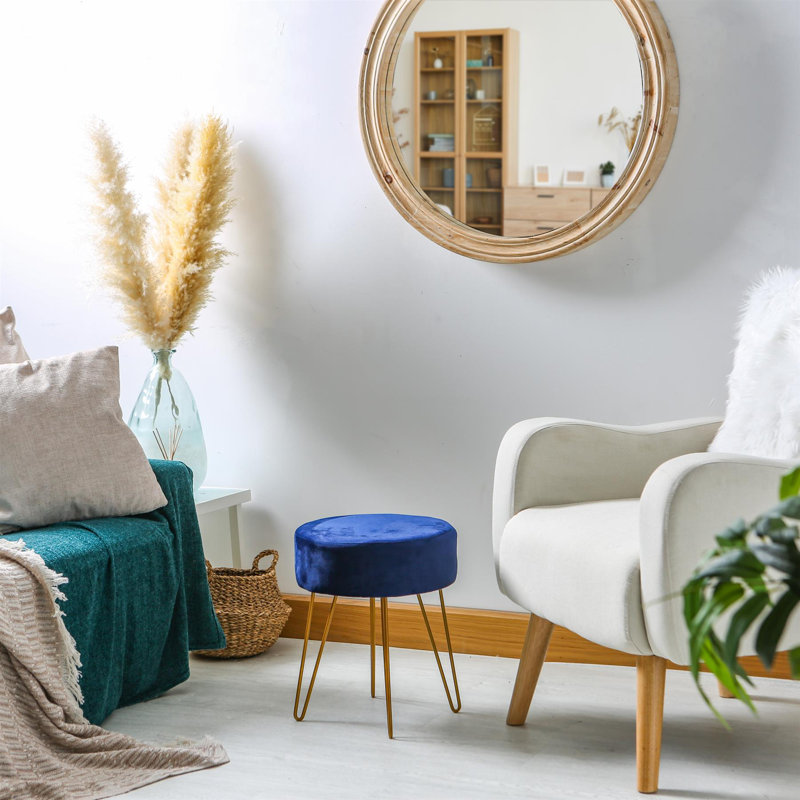 Harbour Housewares - Round Velvet Footstool - Gold Hairpin Legs, Blue, Blue