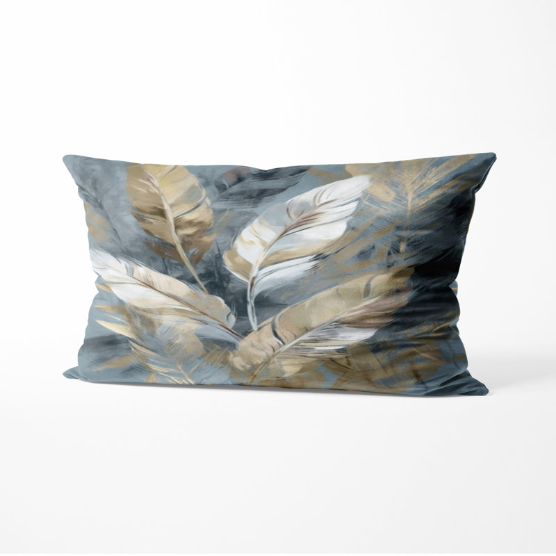Coussin Boho Feather - Or et gris, H 12 po x l 20 po