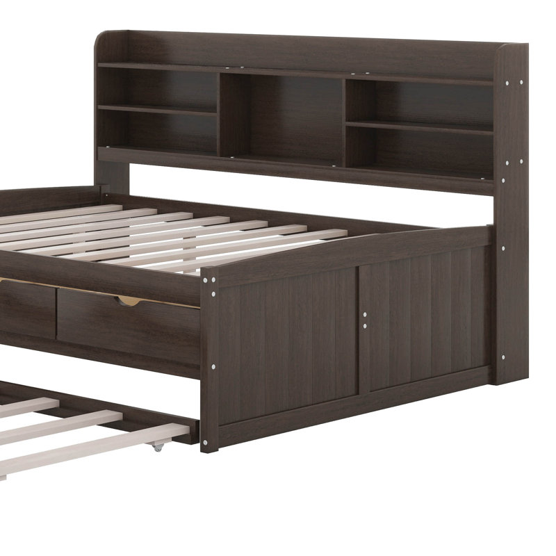 Brona Full Size Wooden Captain Bed with Built-in Bookshelves, Three Storage Drawers and Trundle, Antique Brown