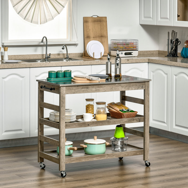 Rolling Kitchen Cart With Stainless Steel Countertop(No Include Stool)