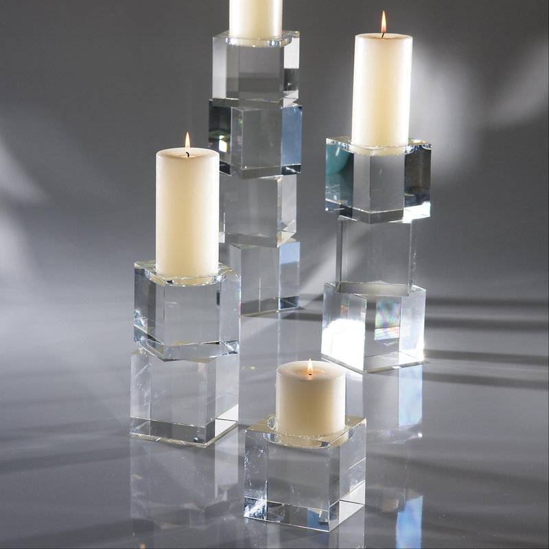 Polished Crystal Cube Pillar Candleholder, 12 inches