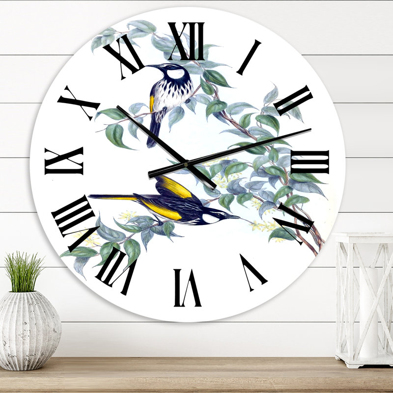 Oiseaux australiens rétro sur une branche - horloge murale traditionnelle, Surdimensionné