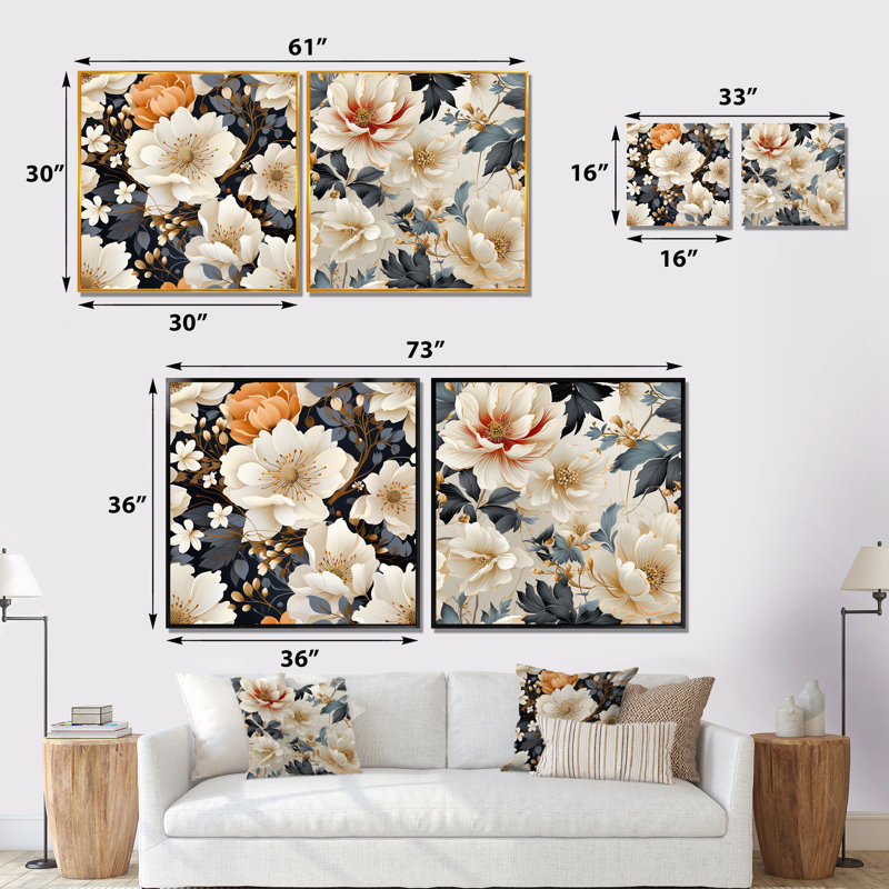 Medora - Ensemble de 2 décorations murales florales, Cadre blanc, H 16 po x l 33 po x P 1 po