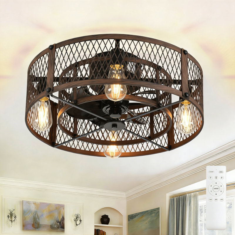  20" Walnut Caged Flush Mount Ceiling Fan with Light, Remote , Reversible 6 Speed Quiet DC Motor, Farmhouse Rustic Fandelier