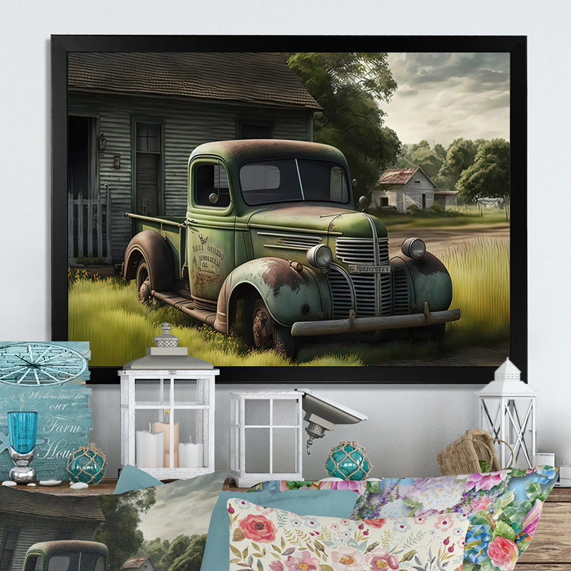 Vert vieux camion à la grange - reproduction sur toile, Cadre simple noir, H 12 po x l 20 po x P 1 po