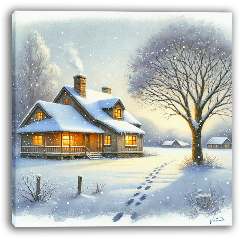 «Evening Tranquility: Snowy Cottage», art mural sur toile, H 12 po x l 12 po x P 1 po