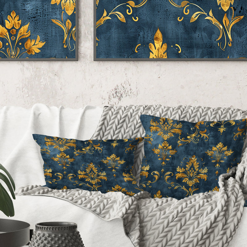 Coussin décoratif damassé indémodable bleu et doré II, H 16 po x l 16 po