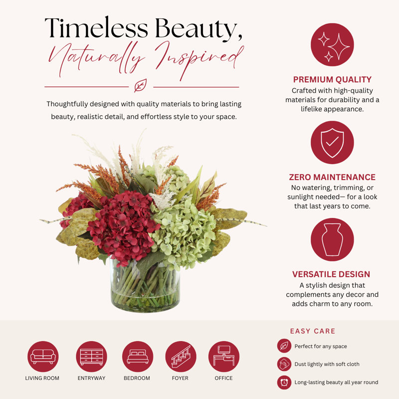 Fall Hydrangea and Heather Arrangement in Decorative Vase