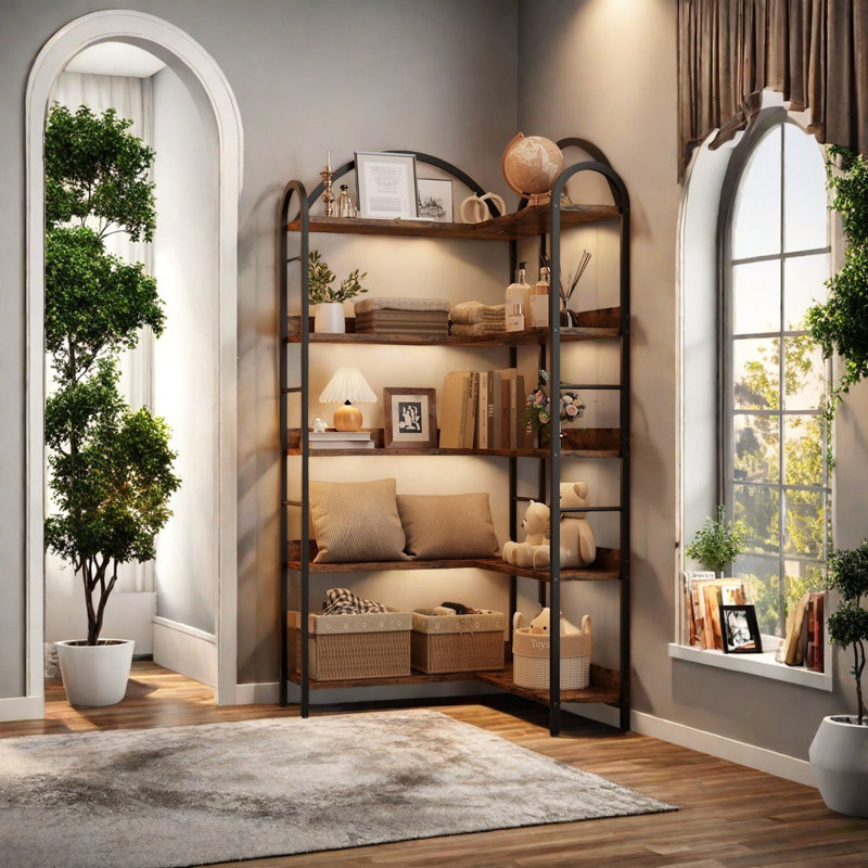 Industrial Corner Bookshelf - Arched L-Shaped Bookcase