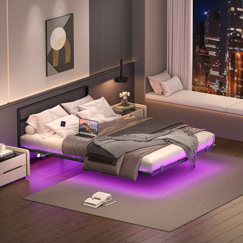 14" Queen Size Floating Bed Frame with Headboard, LED Lights and Charging Station, No Boxspring Needed, Queen
