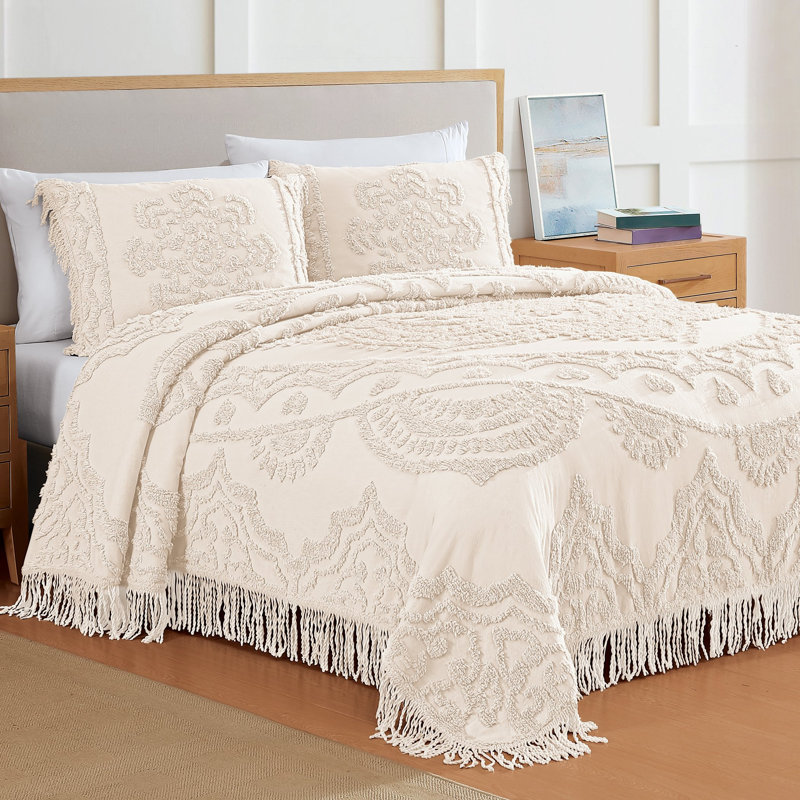Couvre-lit luxueux à bordure frangée texturée en chenille, Ivoire ivoire, Couvre-lit double