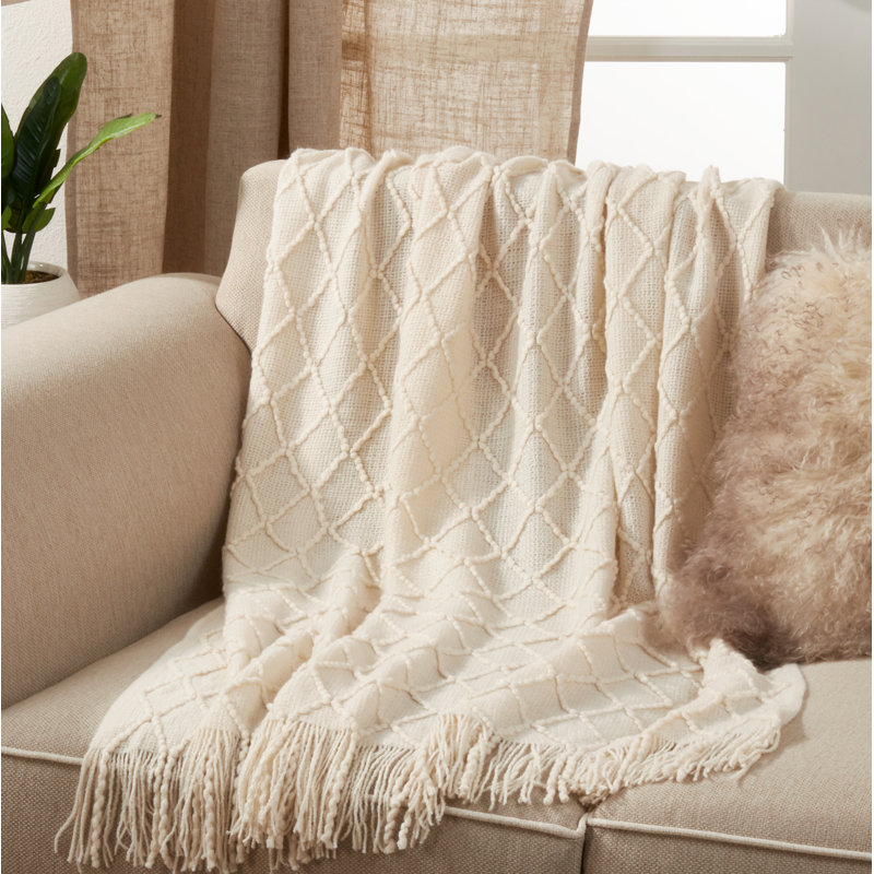 Ivory Cotton Knitted 50"x60" Reversible Throw with Fringed Edges