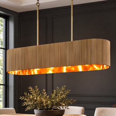 Lustre carré/rectangulaire en bois à 5 lumières, 110,5 cm de largeur, à intensité variable, pour îlot de cuisine.