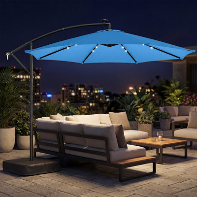 10 ft Cantilever Patio Umbrella with Solar LED Light, Sandbag Weight, Offset Hanging Outdoor Market Umbrella with Protective Cover, Crank and Tilt, Lake Blue