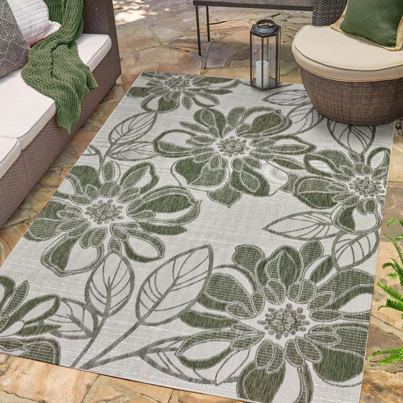 Tropea Arda All-Weather Flatweave Indoor/Outdoor Area Rug, Olive Green Bold Floral – Patio, Deck, Porch & Poolside