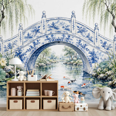 Peel and Stick Wallpaper Ornate Blue Porcelain Bridge Koi Pond Water Lilies Willow Trees Wall Murals 69"H x 96"W Removable PVC Wall Paper Self-Adhesive Wall Decor for Bedroom Home Office