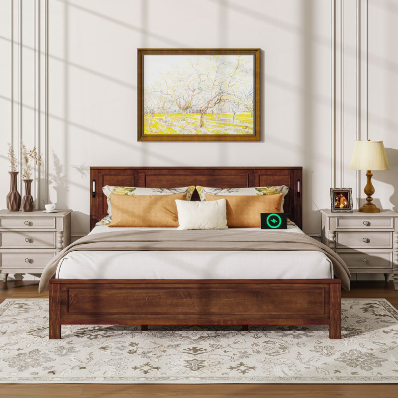 King Size Bed with Tall-Panel Headboard, Walnut, King