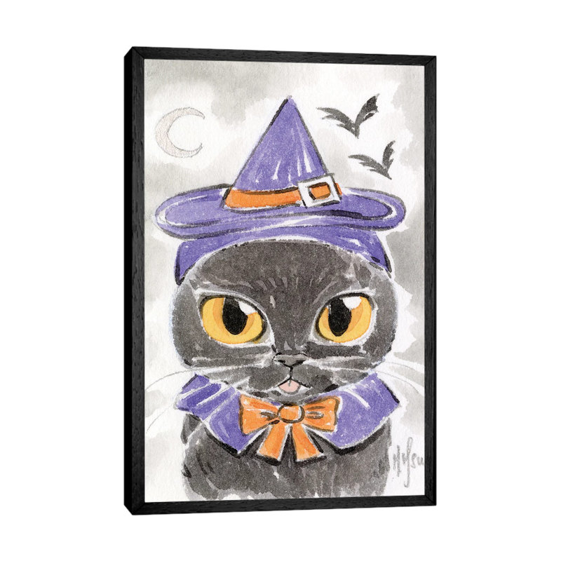 Cat - Witch 1 Piece Painting on Canvas, 66.04 cm H x 45.72 cm W, Black Framed